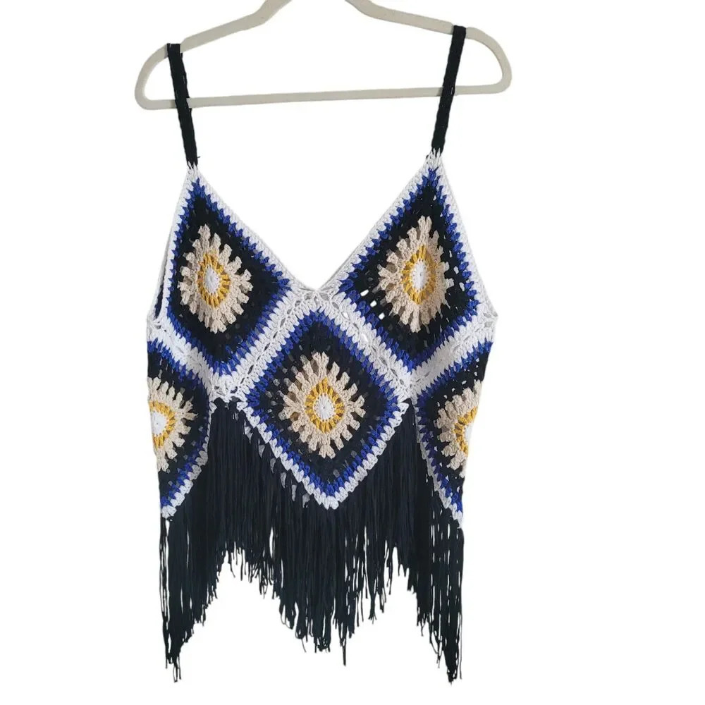 Cupshe Crochet‎ Tassel Tank Top Women's Size Medium Open Knit Boho Beach Swim
